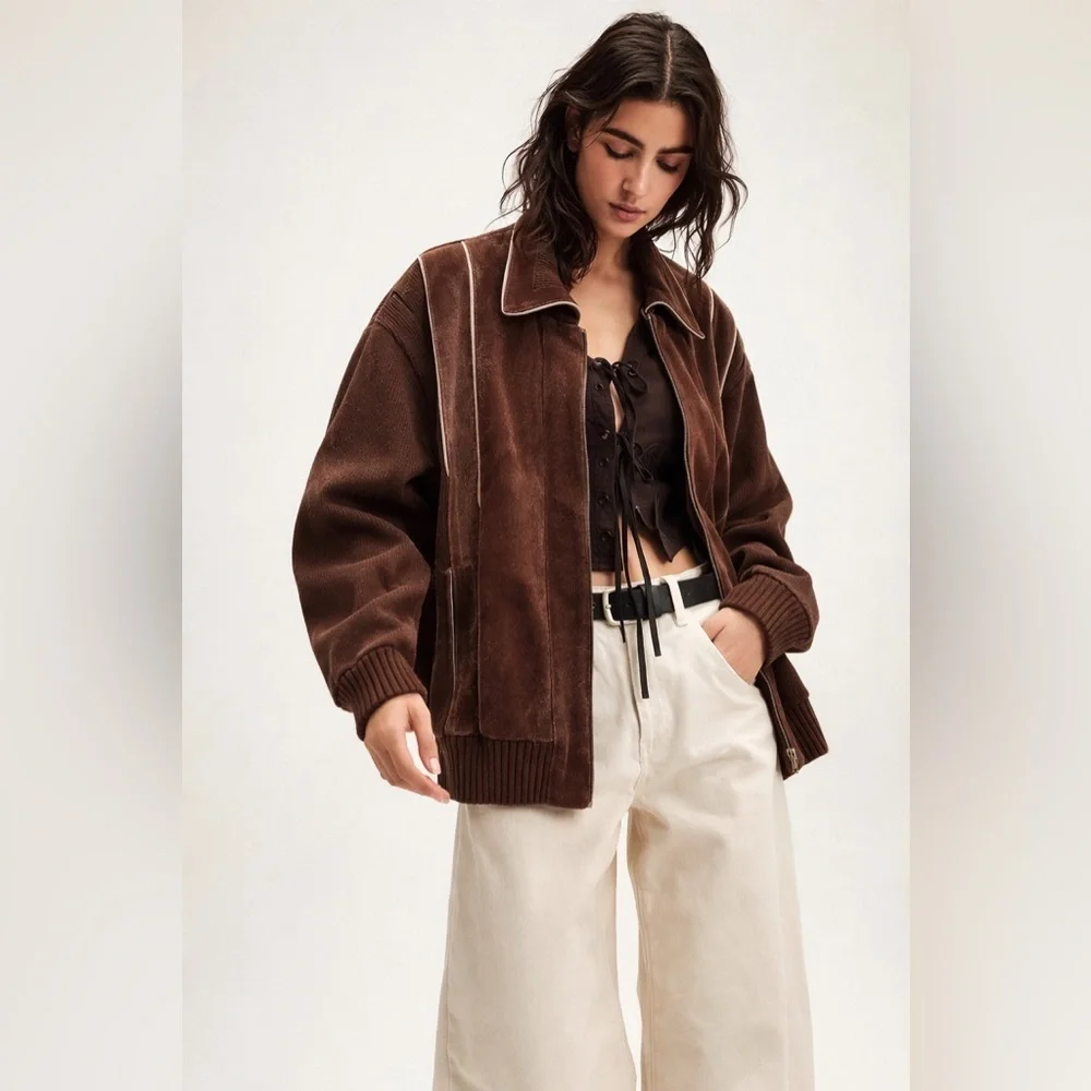 R.O.C Vintage Suede Leather Sweater Bomber Jacket Coat Brown Western XL